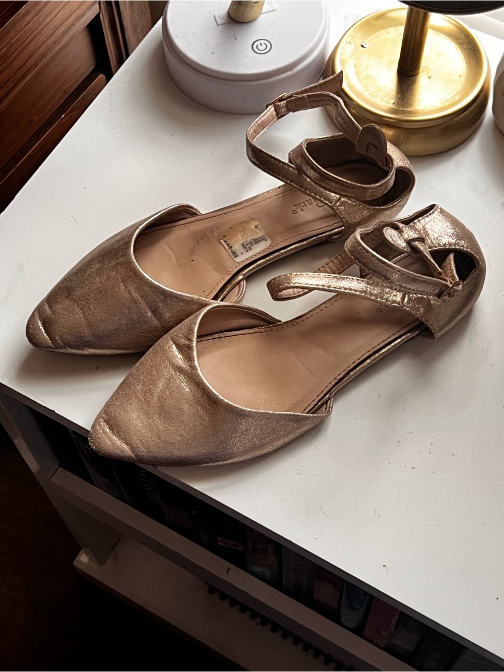 LOV MARK Metallic Gold Ankle-Strap Flats